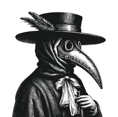 Plague doctor with bird mask and hat. Vector black vintage engraving illustration isolated on a white background. Hand drawn design element for poster quarantine coronavirus - obrazy, fototapety, plakaty