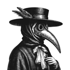 Rolgordijnen Plague doctor with bird mask and hat. Vector black vintage engraving illustration isolated on a white background. Hand drawn design element for poster quarantine coronavirus © Iwan