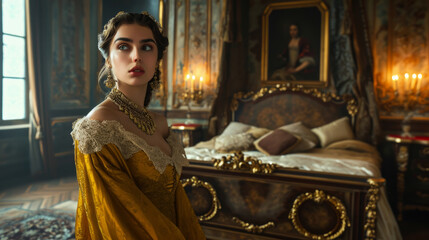 Portrait of a medieval fantasy princess in her luxurious bedroom, looking at the viewer, mouth slightly open, dynamic pose, luxurious dress, gold necklace earrings and jewelry, big eyes