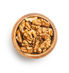 Peeled dried walnut kernels in bowl isolated on white background.