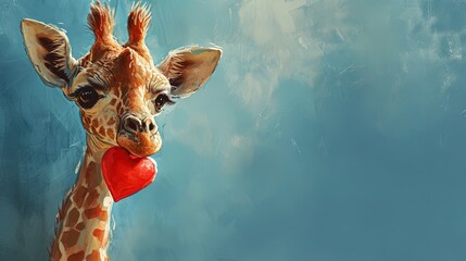 Cute drawn giraffe with red heart, valentine's day card - obrazy, fototapety, plakaty