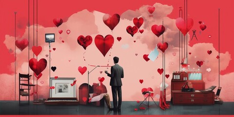 Collage of Valentines day. Couple, man and woman, red hearts, love decorations greetings card or banner