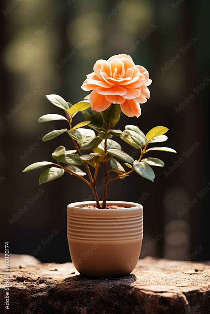 Poster a small terracotta pot cradling a delicate and minimalistic bloom, radiating simplicity.