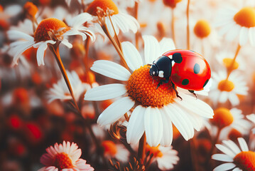 Red ladybug on camomile flower, ladybird creeps on stem of plant in spring in garden in summer. Ai generative - obrazy, fototapety, plakaty