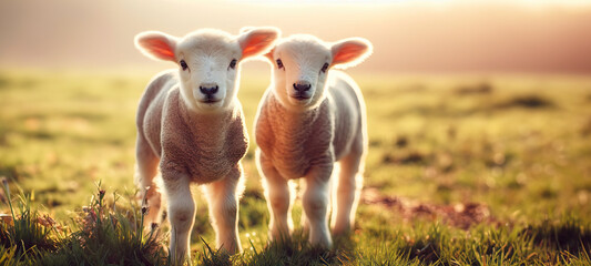 Cute little lambs on fresh spring green meadow during sunrise