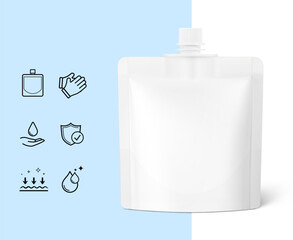 Mini spout pouch hand cream packaging bag mockup with set icons. Vector illustration isolated on white blue background.  Ready for your design. EPS10.