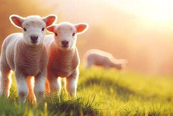 Lambs stands on field, sunset. Young little lambs on a fresh spring green field at sunrise.