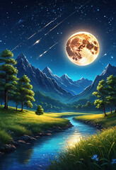 nighttime landscape with moon and shooting stars
