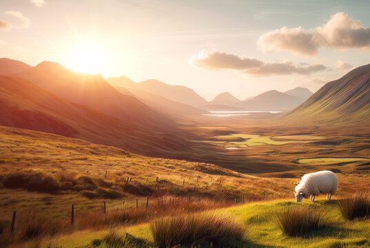 Young sheep grazes in meadow in spring against backdrop mountains and the setting sun