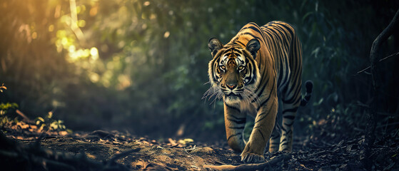 a tiger in the jungle wallpaper, wildlife photo, with empty copy space - obrazy, fototapety, plakaty