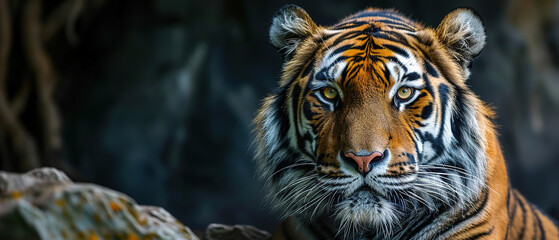 a tiger in the jungle wallpaper, wildlife photo, with empty copy space - obrazy, fototapety, plakaty