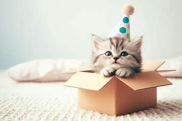 Cat celebrating his birthday funny cat wearing festive hat, Happy birthday concept pets, cute cat portrait in a gift box