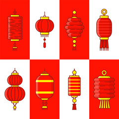 Asian decorations, hanging paper ornaments set. Red holiday lanterns, festive pendant lamps, Chinese scrolls. Isolated flat vector illustrations