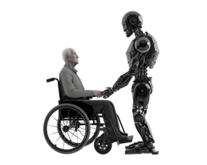 Elderly person sitting in a wheelchair guided by a robot. Medical care concept