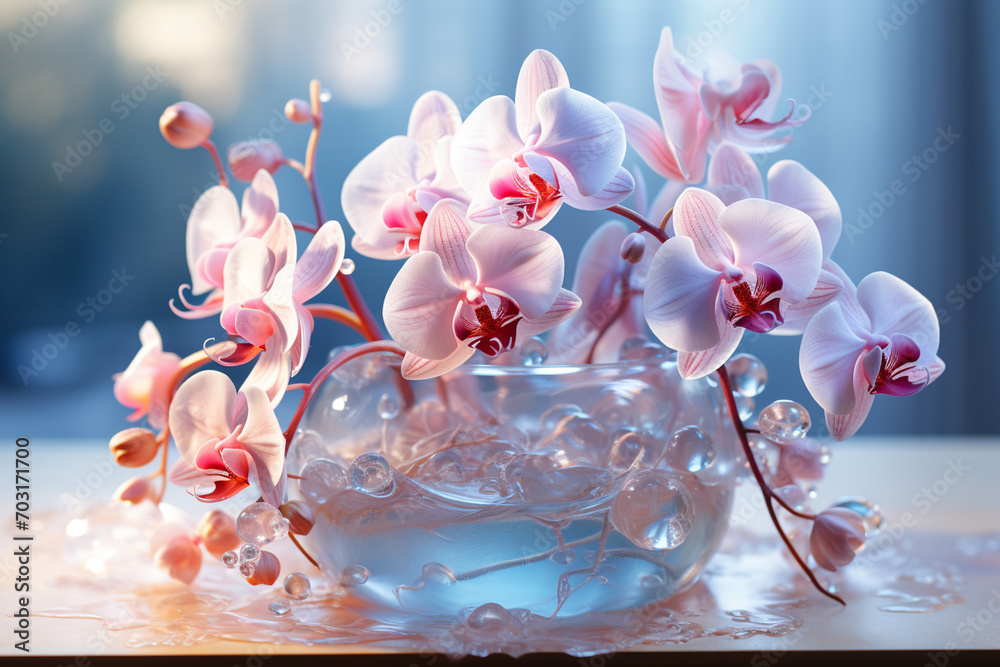 Poster an oasis of watercolor orchids in a minimalistic arrangement, creating a dreamy tropical scene.