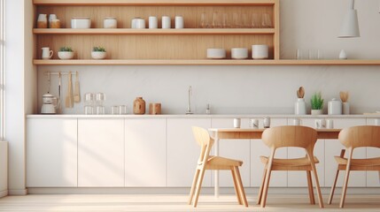 Blur background interior design, scandinavian minimalistic classic kitchen with wooden and white details, 3d illustration