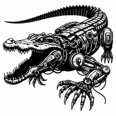 crocodile cyborg style black and white vector illustration
