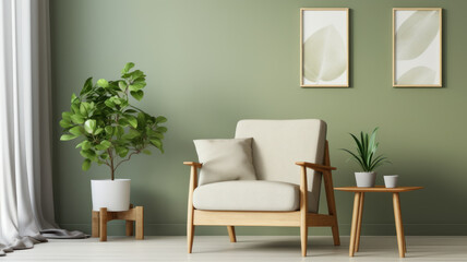 Fototapeta na wymiar Stylish living room interior design mock up poster frame frotte armchair wooden side table