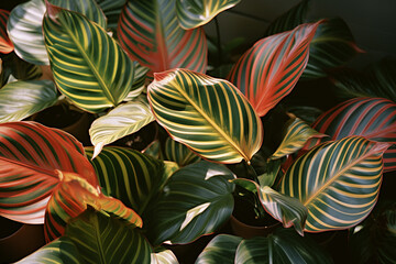 A canvas of sunlit calathea leaves in a minimalistic composition, showcasing tropical patterns.