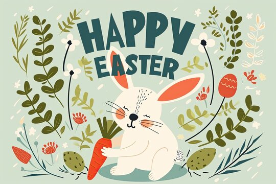bunny with carrot with text HAPPY EASTER Happy Easter background Happy Easter bunny