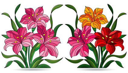 Set of stained glass illustrations with bouquets of Lily flowers, isolated on white background © Zagory
