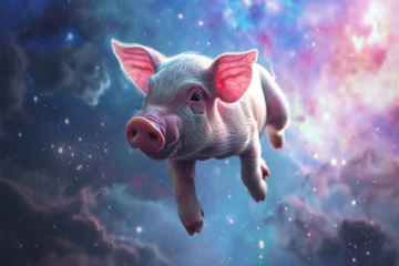 Fotobehang illustration of a pig floating in space © Yoshimura