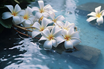 Aura of frangipani flowers in a minimalistic setting, creating an aromatic and tropical atmosphere.