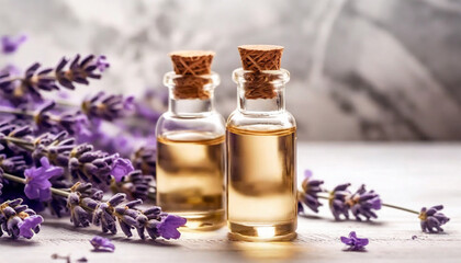 Essential oil bottles for aromatherapy, holistic medicine, or fragrance, accompanied by a bunch of fragrant lavender, set against a soft abstract backdrop. Side view, close-up