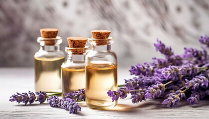 Essential oil bottles for aromatherapy, holistic medicine, or fragrance, accompanied by a bunch of fragrant lavender, set against a soft abstract backdrop. Side view, close-up