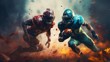 American football players pushing against each other in the field with Generative AI