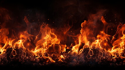 Closeup of burning flames, fire background banner long, isolated on black background - obrazy, fototapety, plakaty