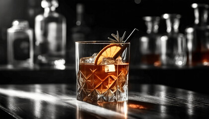 Artfully illuminated classic cocktail adorned with orange peel atop a vintage wooden bar, set against a backdrop of softly lit bottles