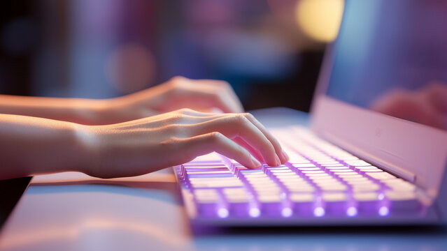 Close up photo of woman hand typing on a laptop with Generative AI