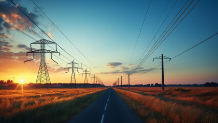 power lines at sunset high voltage tower with generative AI - obrazy, fototapety, plakaty