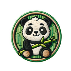 Embroidered patch badge with a panda on a transparent isolated background in PNG format.
