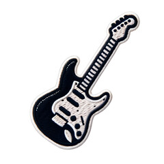 Embroidered patch badge with a guitar on a transparent isolated background in PNG format.
