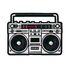 Embroidered patch badge with a retro boombox on a transparent isolated background in PNG format.