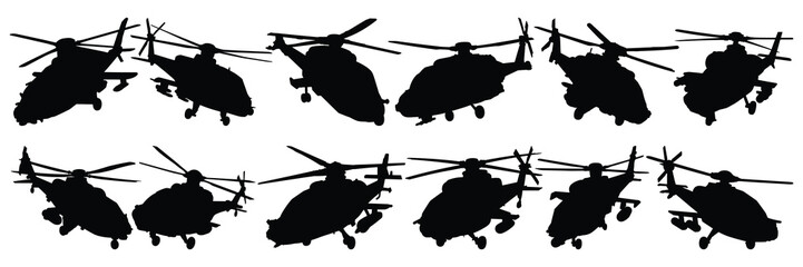 Fototapeta premium Helicopter war army silhouettes set, large pack of vector silhouette design, isolated white background