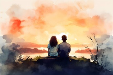 Watercolor romantic couple sitting watching sunset on the beach lake landscape painting back view - obrazy, fototapety, plakaty