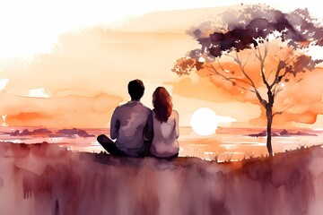 Watercolor couple sitting watching sunset in rear view painting background for love valentine art