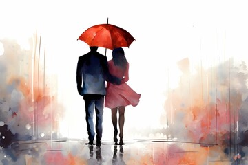 Watercolor romantic couple walking with an umbrella from the back in red and black colors background - obrazy, fototapety, plakaty