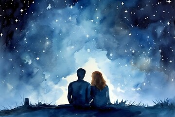 Watercolor painting of a couple enjoying the galaxy night sky back view for love relationship theme