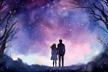 Watercolor silhouette of a young couple standing holding hands against the gradient galaxy night sky