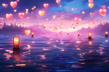 Poster Watercolor love valentine landscape background pf flying shiny heart balloons and lanterns on water © khanh my