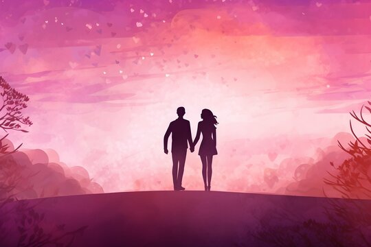 Watercolor silhouette of a romantic couple holding hands on pink abstract background for love valentine theme