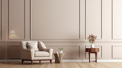 Contemporary classic minimal beige interior with armchair and decor. 3d render illustration mockup.