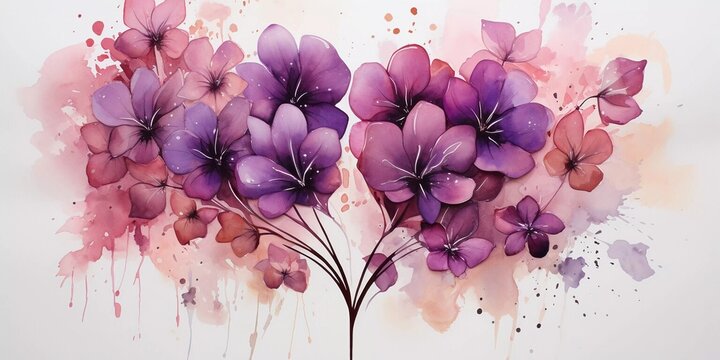 A watercolor greetings card for Valentines day in pink and purple colors. Love concept illustration