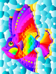 Illustration in the style of a stained glass window with a bright rainbow fish scalar on a background of blue water, rectangular image