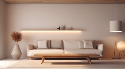 Contemporary Clean living room interior with Sofa, table and Ceiling light. 3D Rendering