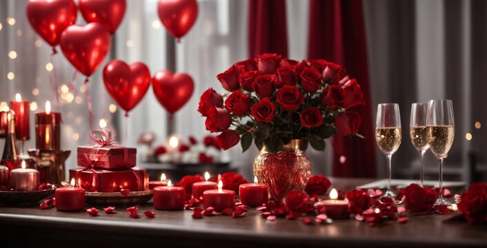 Valentine day decoration with a empty wooden tabletop lamp tree and gifts in the love theme background generative ai